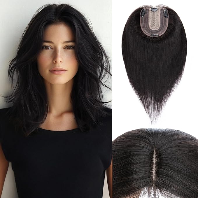 Rich Choices Hair Toppers for Women Real Human Hair 100% Human Remy Toppers NO Bangs for Women with Thinning on Top Clip in Hairpiece 4"x4.7"Lace Base 14 Inch #1B Natural Black