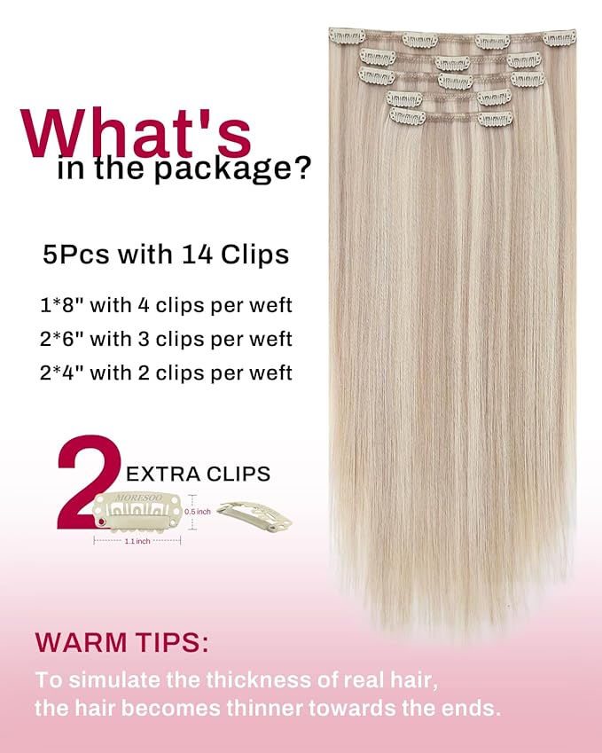 Moresoo Ash Blonde Clip in Hair Extensions Highlighted Straight Short Hair Clip in Extensions Real Human Hair for Women Short 80g/5pcs 12 inch