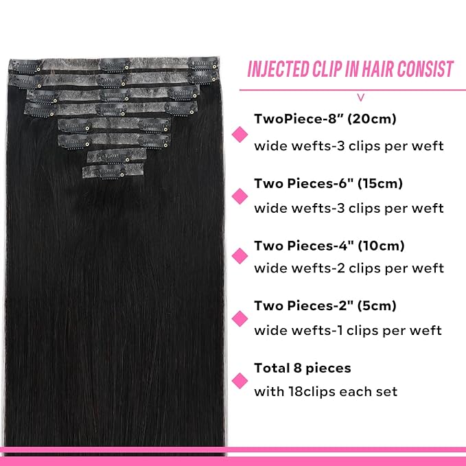 Injected Clip in Hair Extensions Real Human Hair Invisible Hand-Tied Weft Hair Extensions Clip in Human Hair Straight Seamless Clip ins for Women 8Pcs 120g 14inch #1B Natural Black