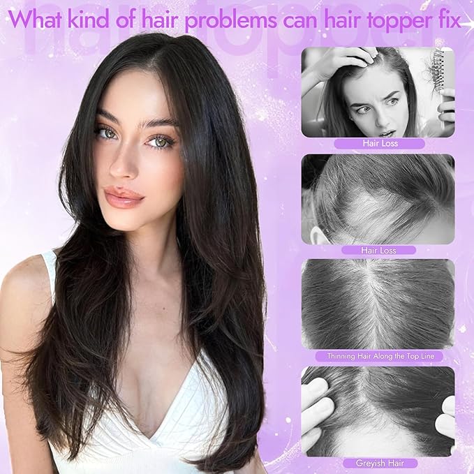 Brown Highlight Hair Toppers for Women with Thinning 3D 360° Cover Clip in Wispy Bangs Upgraded Adjustable Bandage 24 Inch Long Layered