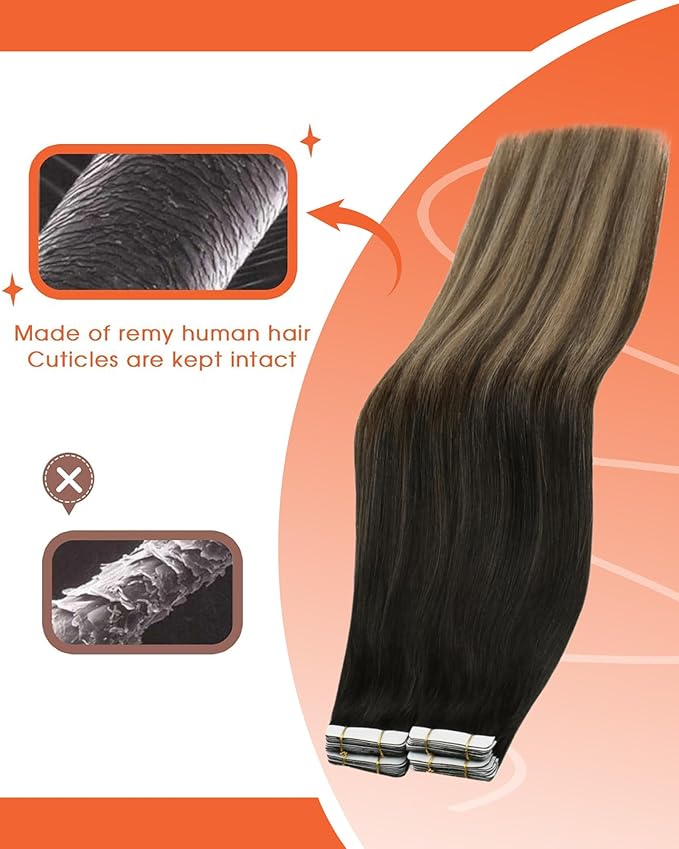 Sunny Hair Tape in Hair Extensions Real Human Hair Invisible Remy Hair Extensions Tape ins for Women Natural Black Ombre Dark Brown Balayage Ash Blonde 22 inch 25G