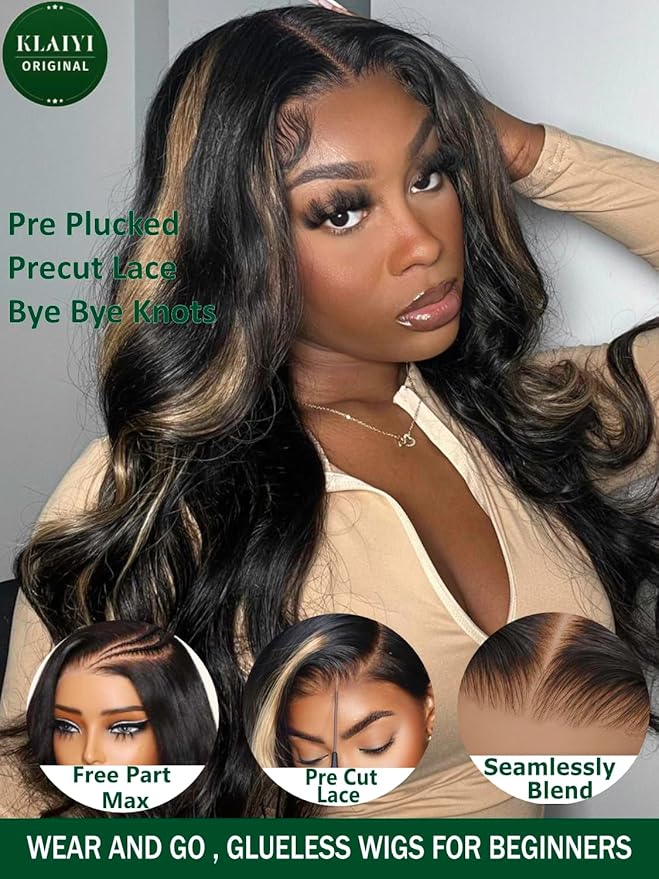 KLAIYI Bye Bye Knots Glueless Wig Human Hair 13x4 Balayage Highlight 3D Body Wave Precut Lace Front Wig with Baby Hair Black Mix Blonde Brown Pre Plucked Pre Bleached Knots Wig 30S Easy to Wear 26Inch