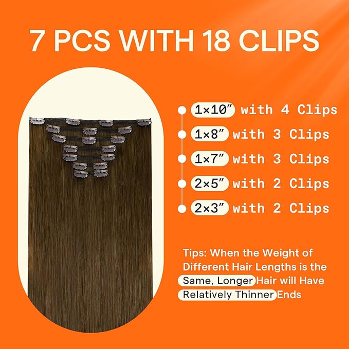 Full Shine Real Hair Extensions Clip in Human Hair Brown Clip in Extensions Light Brown Hair Extensions Real Human Hair Soft Straight 20 Inch 7 Pcs 120 G