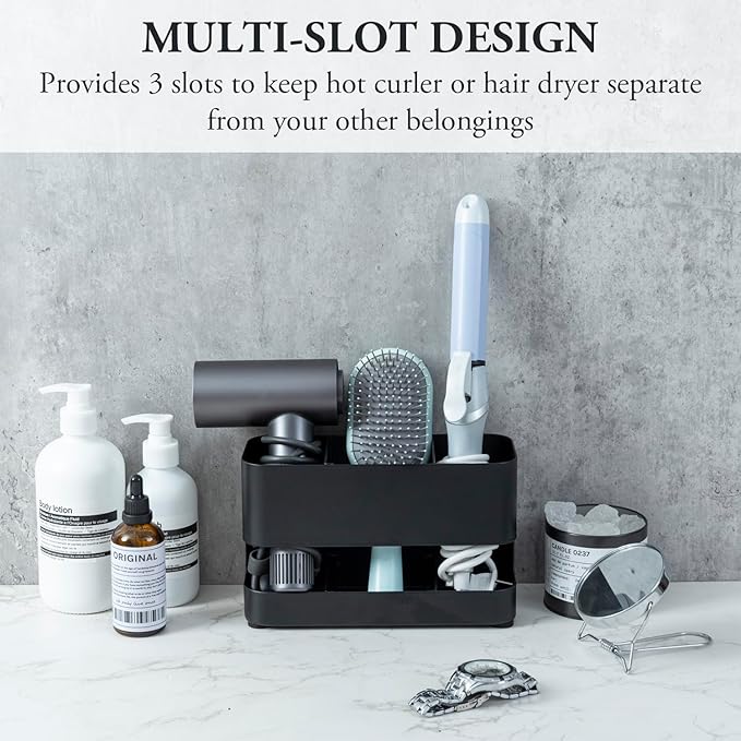 MyGift Hair Tools Organizer with 3 Slots, Black Metal Curling Iron Holder, Wall Mounted Salon Hot Tools Organizer, Blow Dryer, Straightener and Hair Brush Holder
