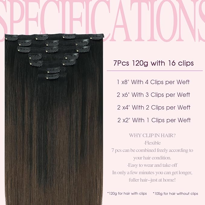 PINKPEARL Clip in Hair Extensions, 22 Inch 7pcs 120g #1BT4 Balayage Natural Black to Chocolate Brown, Hair Extensions Real Human Hair Clip Ins Natural Straight Hair for Women(#1BT4-22)
