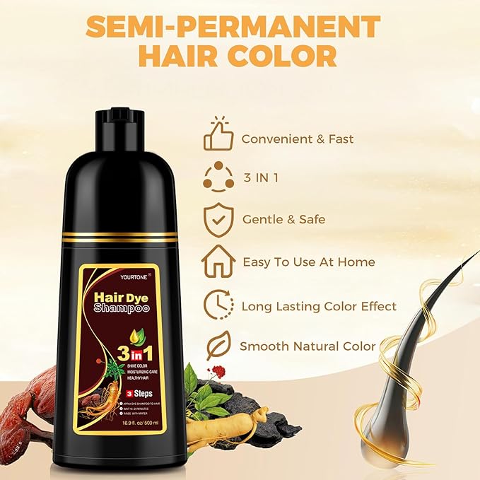 Chestnut Brown Hair Dye Shampoo 3 in 1 for Gray Hair Coverage, Hair Color Shampoo for Women Men, Herbal Ingredients Champu Para Pintar el Cabello (16.9 Oz)