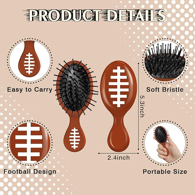 12 Pcs Football Mini Detangler Brush, Mini Travel Hair Brush, Bristles Plastic Detangling Brush, No Tangle Soft Flexible Bristles for Straight, Curly, Thick Hair for Football Team Gift Sport Party