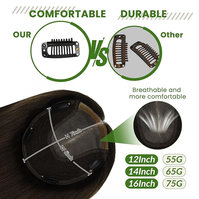 HAIR Toppers for Women Real Human Hair 6x7 inch 150 Density Base 12 inch 55grams darkest brown Human Hair Topper for Women with Thinning Hair(#2 12inch)