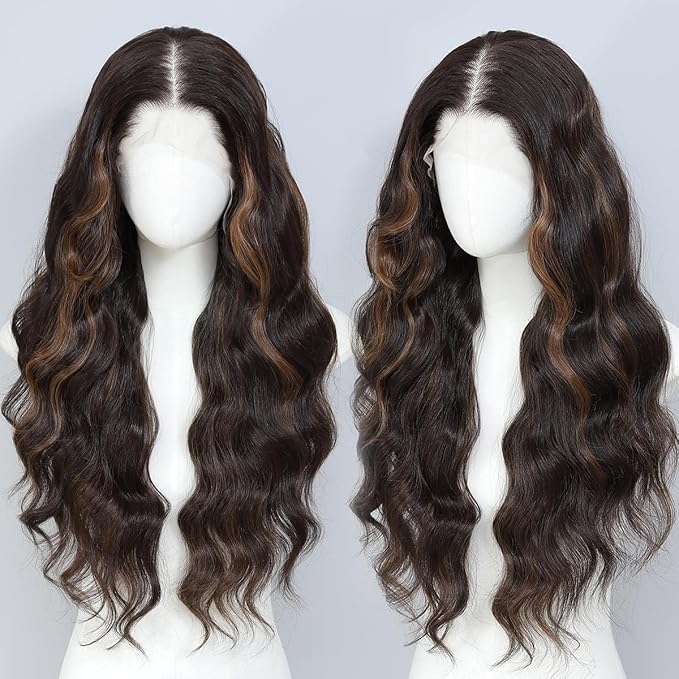 Synthetic Lace Front Wigs Pre Plucked Highlight Brown Mix Black 26 Inch Long Wavy 100% Futura Premium 13x4 HD Lace Wigs For Black Women Ready to Wear Beginner Friendly Daily Party Use