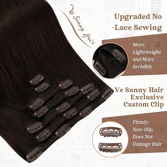 Ve Sunny Clip in Hair Extensions Real Human Hair Dark Brown Hair Extensions Clip ins Long Natural Hair Extensions Human Hair Clip in Soft and Silky 120g 7pcs 22inch