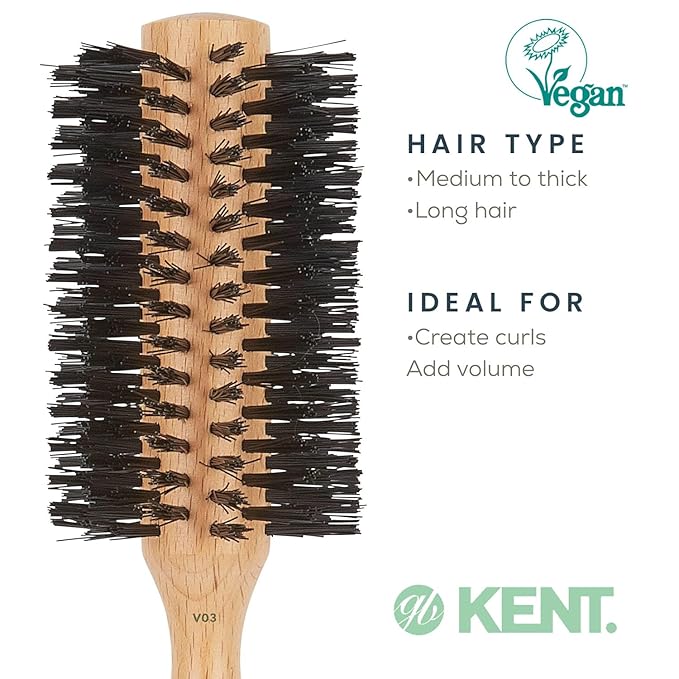 Kent V03 Vegan Boar Bristle Hair Brush, Eco Friendly Round Brush for Blow Outs and Creating Curls, Adding Volume and Root Lift (60mm)