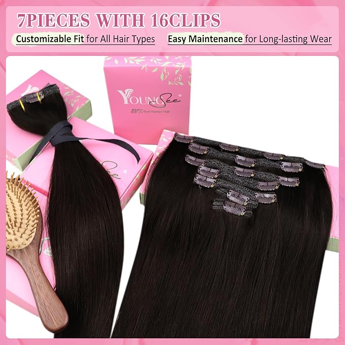 YoungSee Clip in Human Hair Extensions Brown Clip in Extensions Real Human Hair Darkest Brown Human Hair Clip ins Extensions Ease to Use 22Inch 7Pcs 120G
