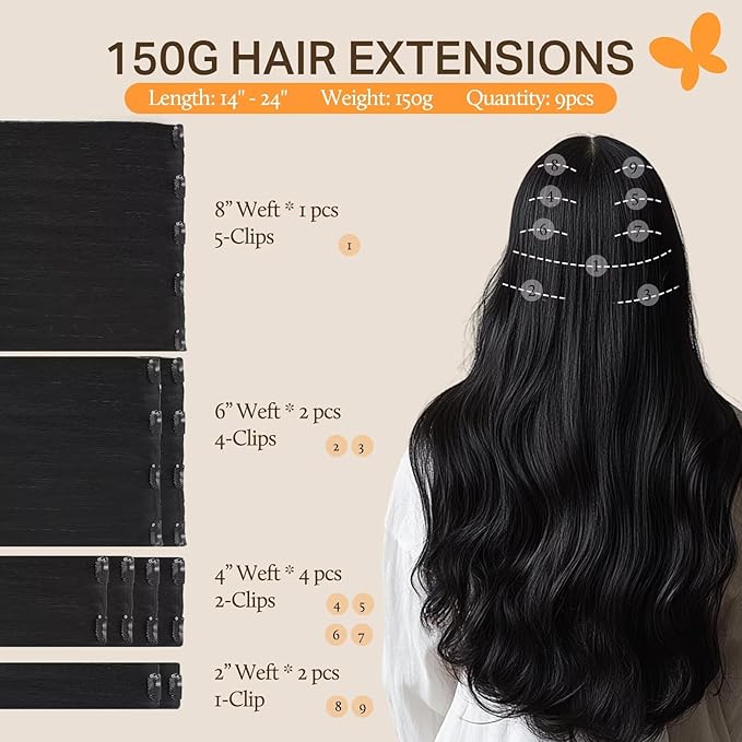 DOORES Hair Extensions Real Human Hair, Jet Black 150g 9pcs 22 Inch, Real Hair Extensions Clip in Human Hair Thick Extensions Human Hair Natural Extensions for Women Clip in Silky Straight Hair