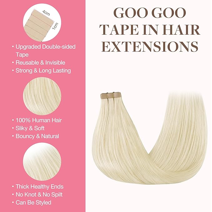 GOO GOO Tape in Hair Extensions Human Hair, 1000 Pure Platinum Blonde, 14inch 50g 20pcs, Skin Weft Seamless Invisible, Silky Straight with Thick Ends, Remy Human Hair