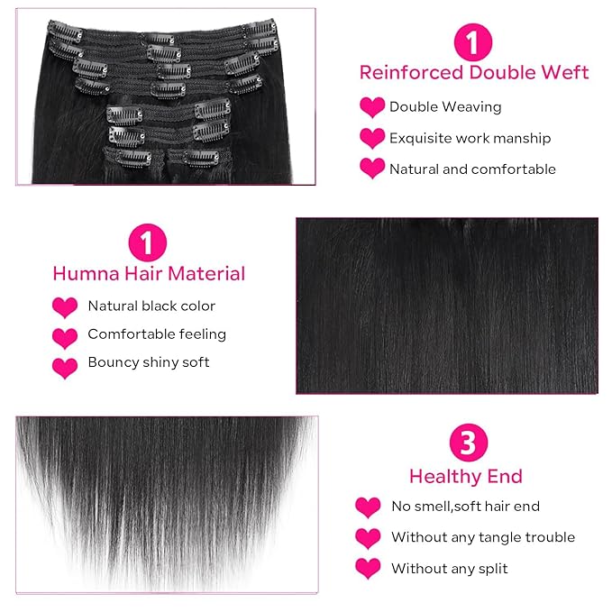 Yaki Straight Clip in Hair Extensions Real Human Hair 8Pcs Remy Human hair Clip ins for Women, Natural Soft Human Hair 120g 26inch #1B Natural Black