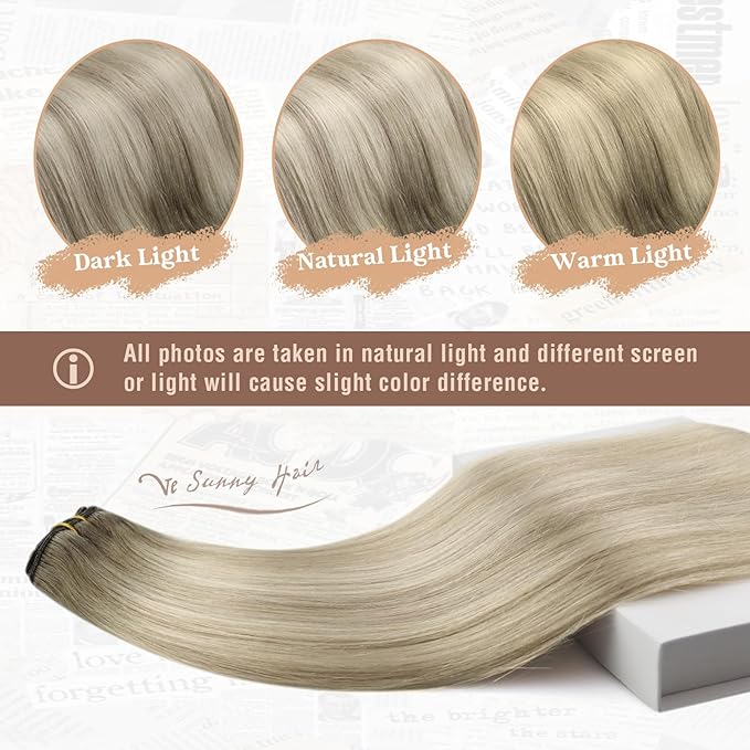 Ve Sunny Clip in Hair Extensions Ombre Remy Hair Extensions Clip in Extensions Real Human Hair for Women Short Ash Grey Balayage Platinum Blonde 5pcs 80g 12 inch