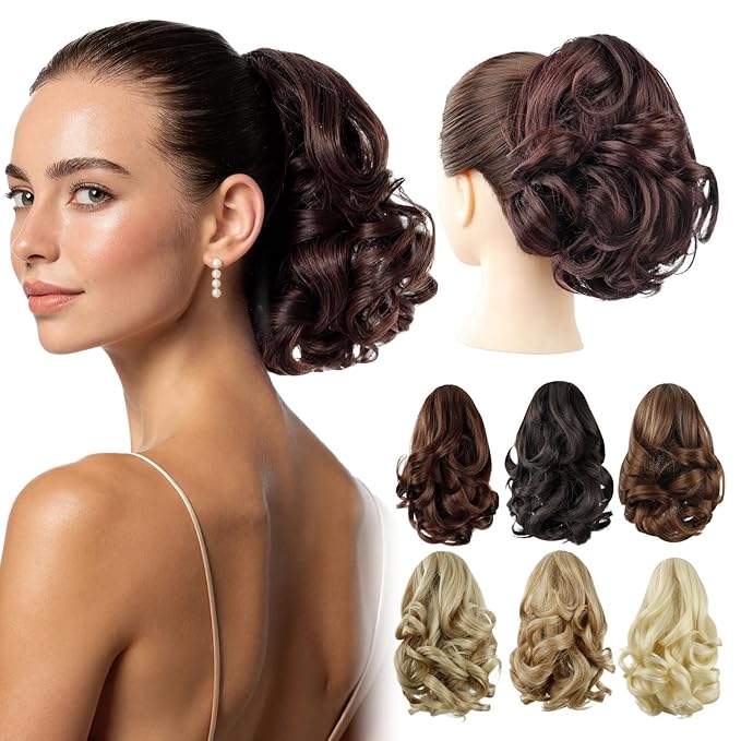 Brown Ponytail Extension,9" Short Curly Wavy Claw Clip Pony tails Hair Extensions Natural Soft Synthetic Hairpiece for Women