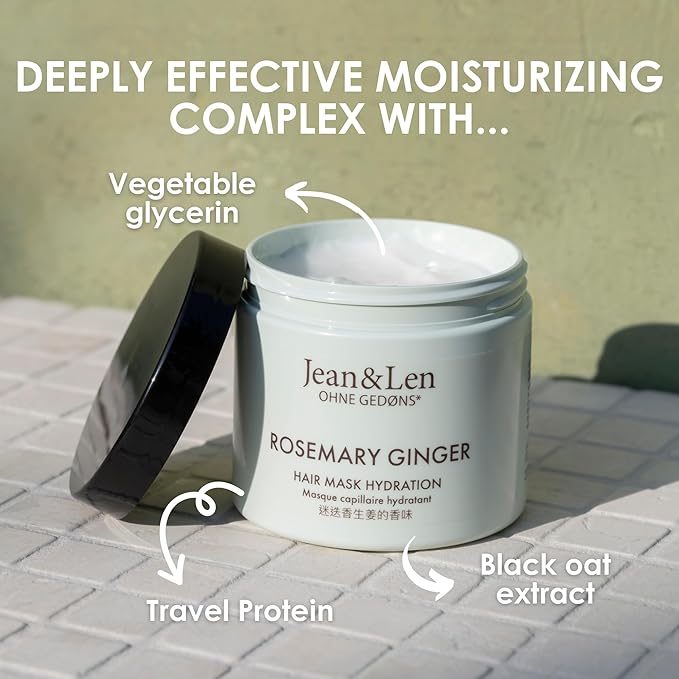 Jean & Len Hair Mask Rosemary & Ginger, for severely damaged, dry & dull hair, intensive moisturizing care, without parabens, silicones and microplastics, 6.76 Fl. Oz.