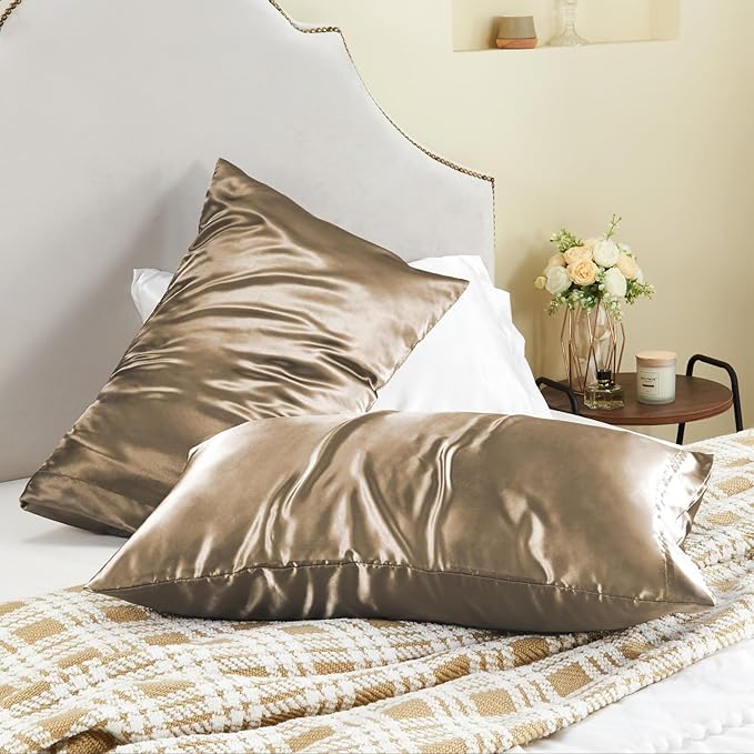BEDELITE Satin Pillowcase for Hair and Skin, Super Soft and Cooling Similar to Silk Pillow Cases 2 Pack with Envelope Closure, Gift for Women Men(20"x30" Queen Size, Tawny Brown)
