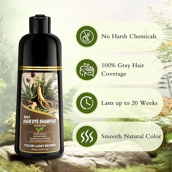 Light Brown Hair Dye Shampoo, 100% Gray Coverage Color Shampoo for Women Men, Natural Herbal Ingredients Semi-Permanent Hair Dye