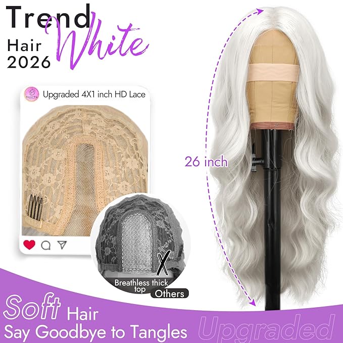 Wig for Women Long Wavy 4x1 Lace Natural Hairline Glueless for Beginners Middle Part Synthetic White for Daily Party Use 26Inch