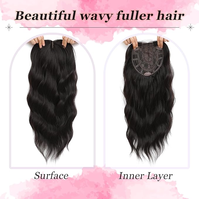 Hair Topper, 360° 3D Hair Toppers for Women with Thinning Crown, 20 Inch Long Wavy Curly Hair Pieces Clip in Bangs (Brown Black, 20 inch, Side Bangs)