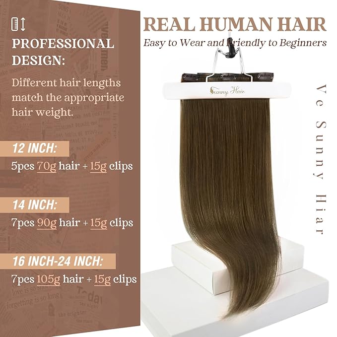 Ve Sunny Real Hair Extensions Clip in Human Hair Cool Ash Brown 22 inch Hair Extensions Clip ins Remy Straight Human Hair for Women 7pcs 120g