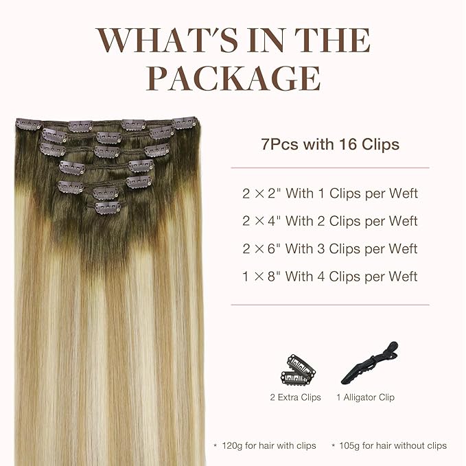 GOO GOO Clip in Hair Extensions Real Human Hair, Remy Human Hair Extensions Clip ins for Women, Natural Human Hair, 14inch 120g 7Pcs, 5A/90/16F Bahamian Balayage