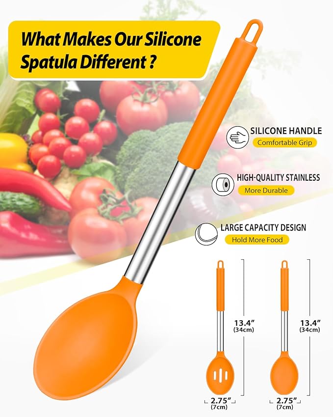 Pack of 2 Large Silicone Cooking Spoons,Non Stick Solid Basting Spoon,Heat-Resistant Kitchen Utensils for Mixing,Serving,Draining,Stirring (ORANGE)