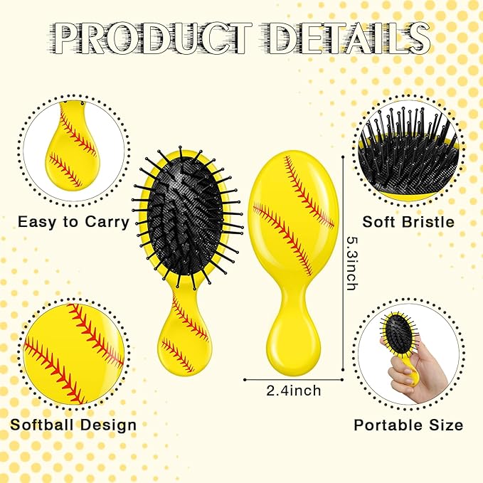 12 Pcs Softball Mini Detangler Brush, Mini Travel Hair Brush, Bristles Plastic Detangling Brush, No Tangle Soft Flexible Bristles for Straight, Curly, Thick Hair for Softball Team Gift Sport Party