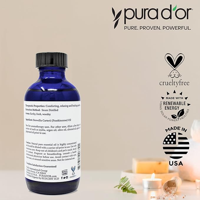 PURA D'OR ORGANIC Frankincense Essential Oil (4oz with Glass Dropper) 100% Pure & Natural Therapeutic Grade For Hair, Body, Skin, Aromatherapy Diffuser, Relaxation, Meditation, Mood, Massage, DIY Home