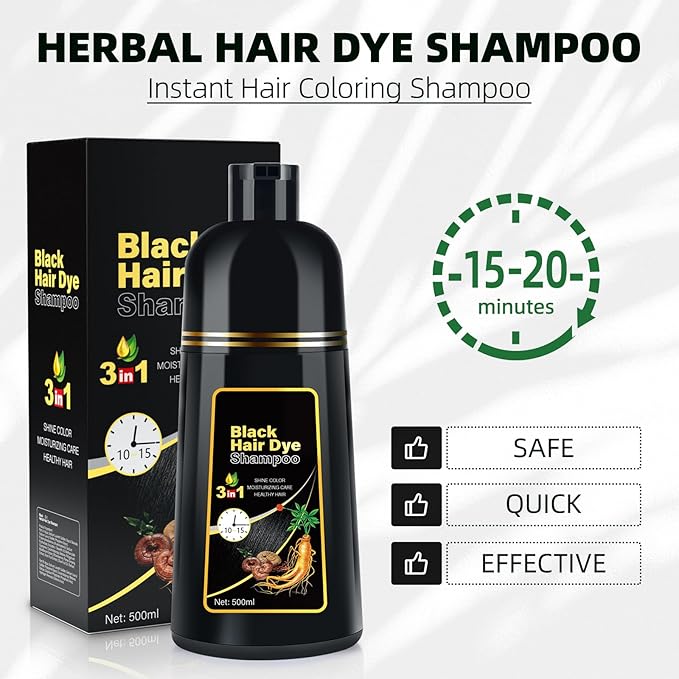 Black Hair Dye Shampoo 3 in 1 for Gray Coverag Color Shampoo for Women/Men Instant Herbal Semi Permanent champu para canas