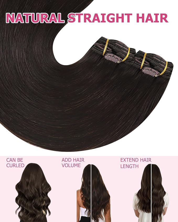 YoungSee 135G Brown Hair Extensions Clip ins Darkest Brown Clip in Hair Extensions Real Human Hair Thick Hair Clip in Extensions 16Inch 7Pcs