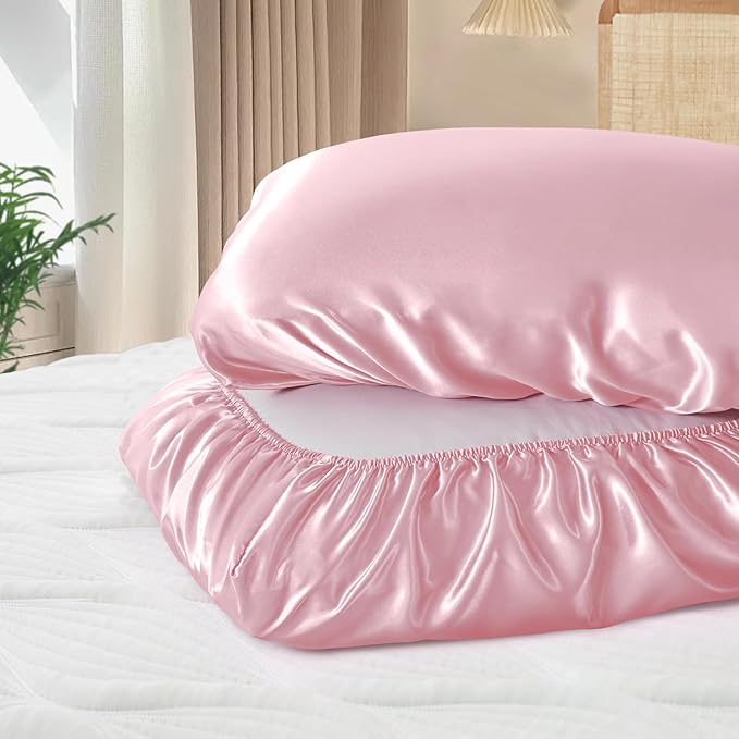 SiinvdaBZX Blush Pink Satin Pillowcase Standard/Queen Size Set of 2, Silky Travel Elastic Band Satin Pillow Case for Hair and Skin, Soft Portable & Fit for Various Pillow