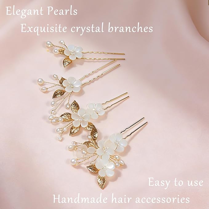15Pcs Pearl Wedding Hair Pins Set, Floral Bridal Hair Clips with Gold Leaves, Vintage Hair Jewelry for Women Bridesmaids Flower Girls Wedding Hairstyles Accessories (Gold)