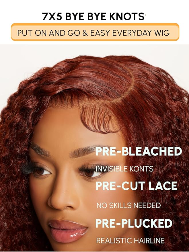 Julia Hair Reddish Brown Glueless Jerry Curly Human Hair Invisi-Drawstring Wig Auburn Pre Cut 7x5 Lace Front Wigs Pre Plucked Bleached Pre Cut Lace Closure Natural Hairline Put On and Go 20 Inch