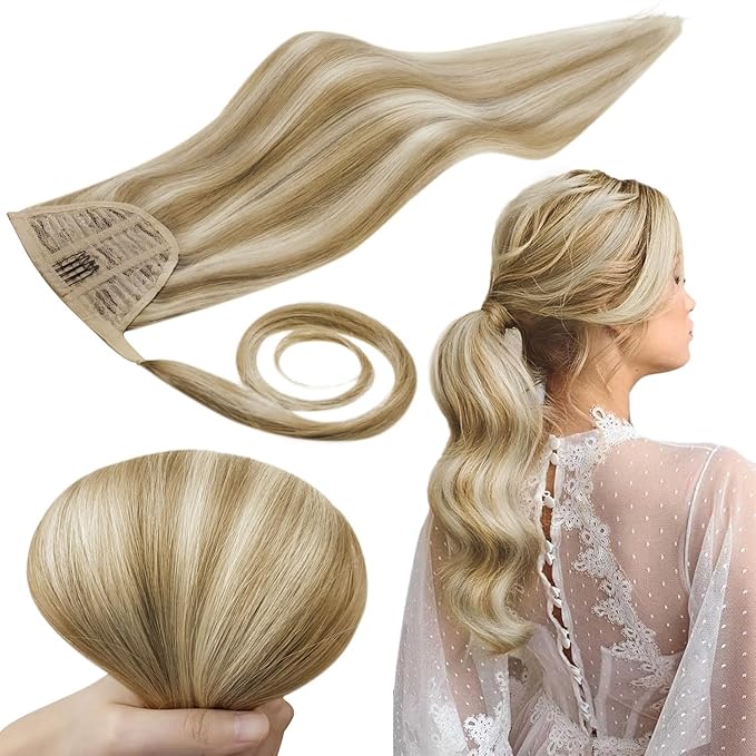 RUNATURE Ponytail Extension Human Hair Blonde, Real Hair Ponytail Extension, Human Hair Ponytail Wrap Around, Remy Natural Hair Tangle Free, 18 Inch 80g #16P22 Dark Ash Blonde Highlight Light Blonde