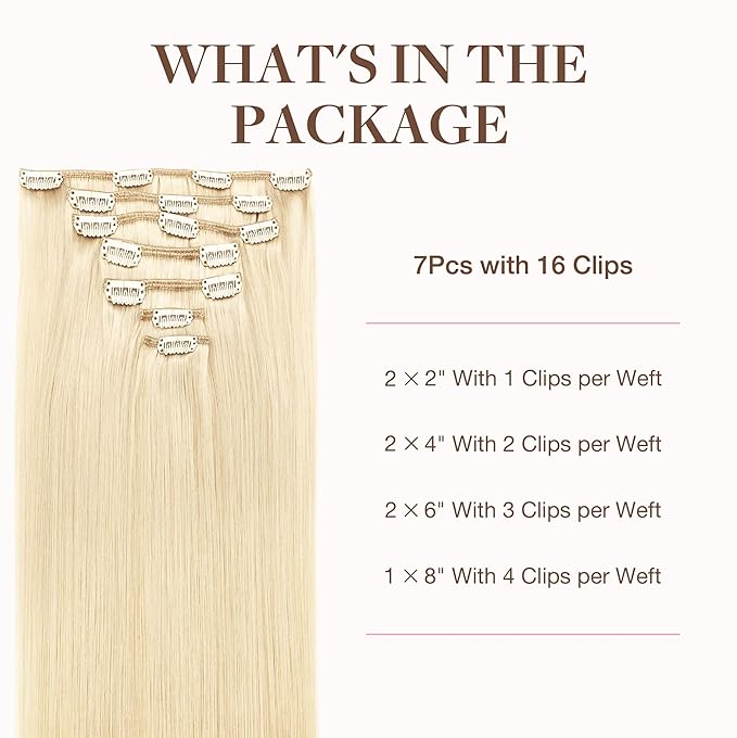 GOO GOO Clip in Hair Extensions Real Human Hair, Remy Human Hair Extensions Clip ins for Women, Natural Human Hair, 20inch 120g 7Pcs, 613R Bleach Blonde