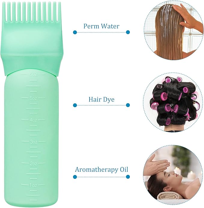 Cosywell Root Comb Applicator Bottle 6 Ounce 3 Pack Hair Oiling Bottle Hair Dye Applicator Brush for Hair Root Comb Color with Graduated Scale(White Blue Green)