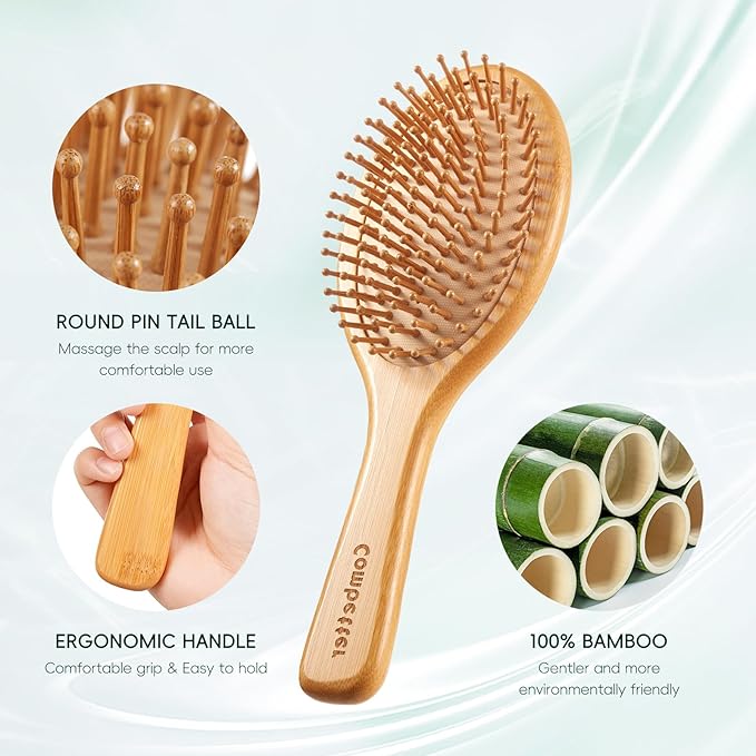 Bamboo Hair Brush and Comb Set, Massage Scalp Detangling Hairbrush for Hair Growth, Bakelite Durable Anti Static Wide-Tooth Comb & Rat Tail Comb for Women, Men, Kid