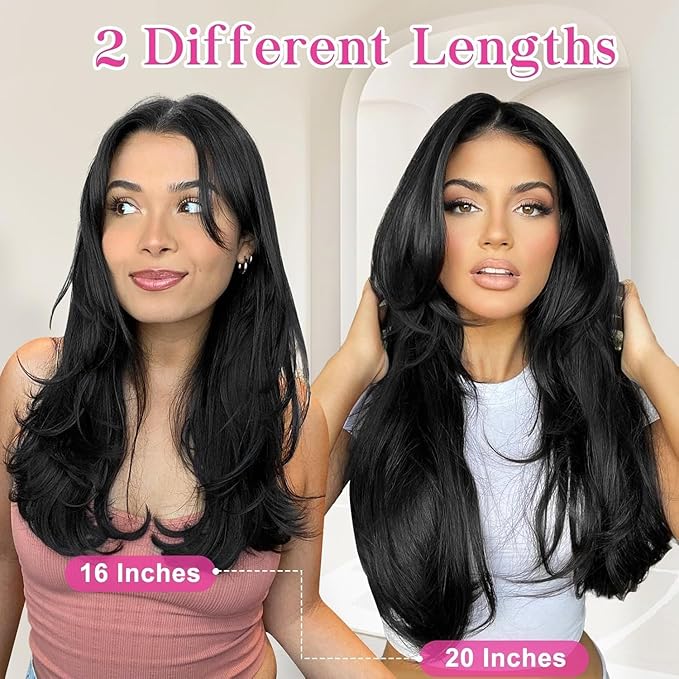 ALXNAN Long Wavy Layered Hair Extensions for Women, Clip in Hair Extensions Clip Ins Soft Full Head Synthetic Hairpieces 16 Inch Black
