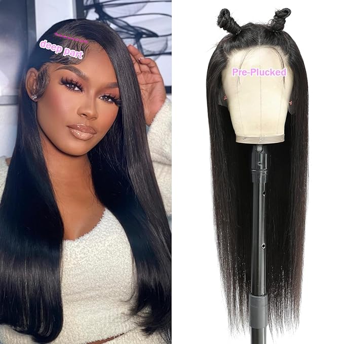 13X6 Lace Front Wigs Human Hair Pre Plucked With Baby Hair 30 Inch 180 Density Glueless Transparent HD Straight Lace Front Wigs Lace Frontal Wigs for Women Natural Black Color
