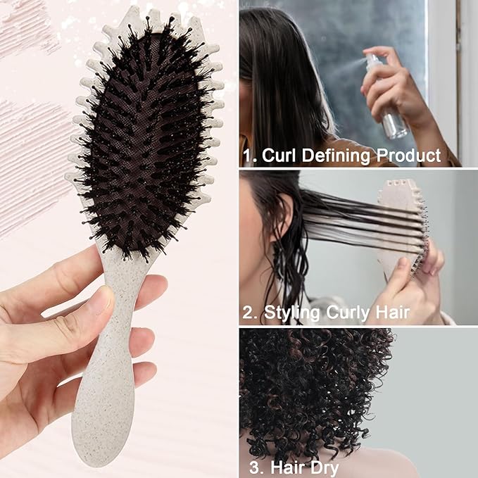 Curly Defining Brush, Curly Hair Styling Brushes Detangler Soft Bristle Hair Brush 1-Pack (Beige)