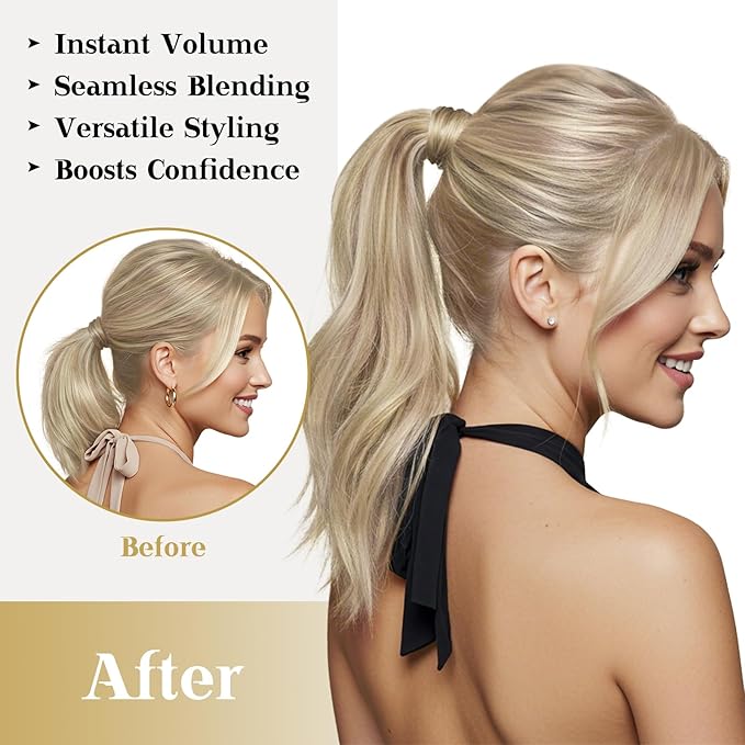 Ve Sunny Hair Extensions Ponytail Real Human Hair Wrap Around Clip in Ponytail Hair Extensions Straight Extensions Human Hair for Women Blonde Highlights for Women Warm Color 16inch 80G