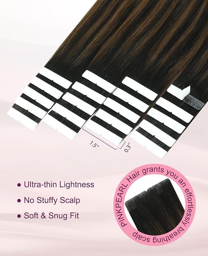 Pinkpearl Invisible Tape in Hair Extensions Human Hair, 20pcs 22inch 60g #1B/4/27 Balayage Natural Black to Chocolate Brown and Caramel Blonde Injection Tape in Extensions Remy Human Hair Injected