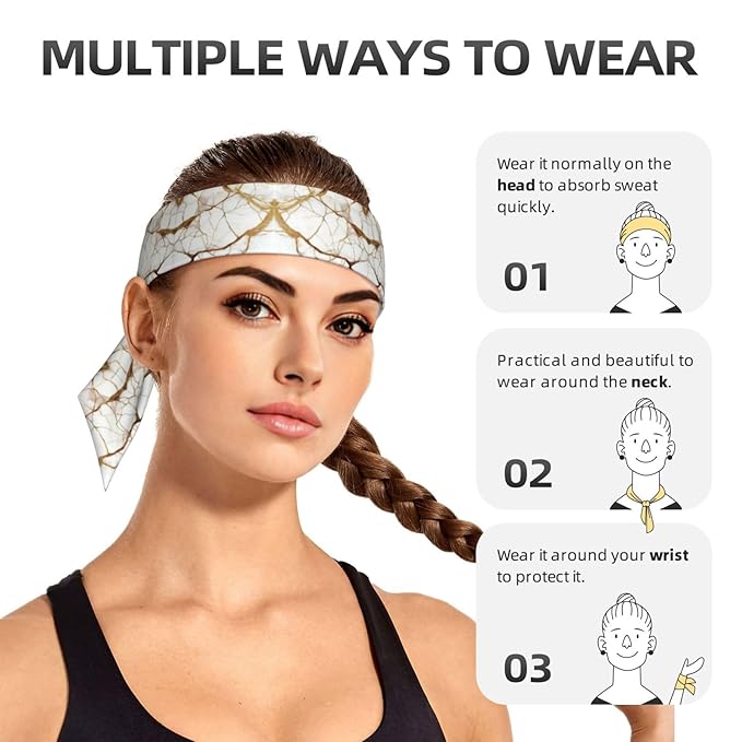 Men's Women Fashion Sports Sweatband Hand Decor for Running Fitness Spa, Long Multifunction Gold Marble Texture White Head Ribbon Headwear