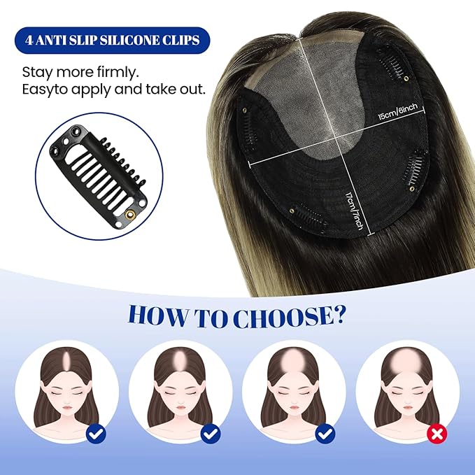 WORLDSTAR Hair Toppers for Women Real Human Hair 150% Density 6 * 7 Inch Base 12Inch 55g #1B/4/27 Natural Black Ombre Brown with Caramel Blonde Clip in Human Topper No Bangs (tp#1B/4/27-12)
