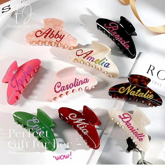 Personalized Colorful Name Hair Claw Clips for Women,Custom Hair Clips with Diamond,Cute Hair Accessories 4",Handmade Rhinestones Hair Clamp Gifts for Mom,Bride,Wife,Bridesmaid（Baby Pink）
