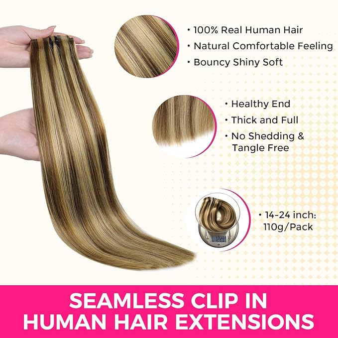 Lashey Seamless Clip in Hair Extensions Human Hair 24 Inch 110g 7pcs Balayage Ash Brown to Honey Blonde Long Straight Clip in Hair with PU Weft for Black Women