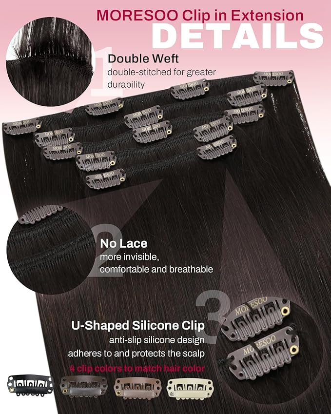 Moresoo Short Human Hair Clip in Extensions Brown Double Weft 10 inch Clip in Hair Extensions for Women Dark Brown #2 5pcs 80g